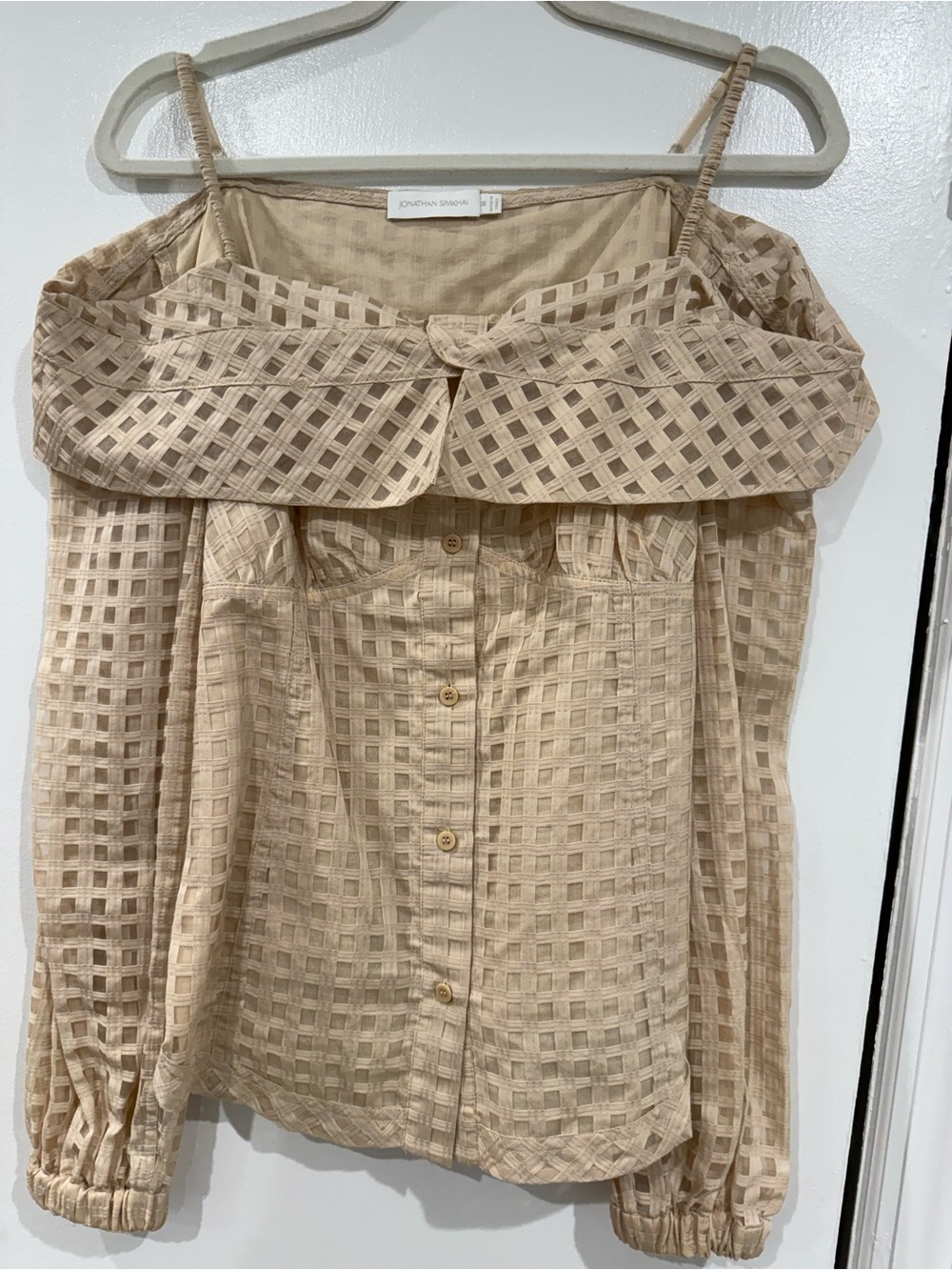 Jonathan Simkhai Neutral Beige Checkered Off-Shoulder Button-Down Top